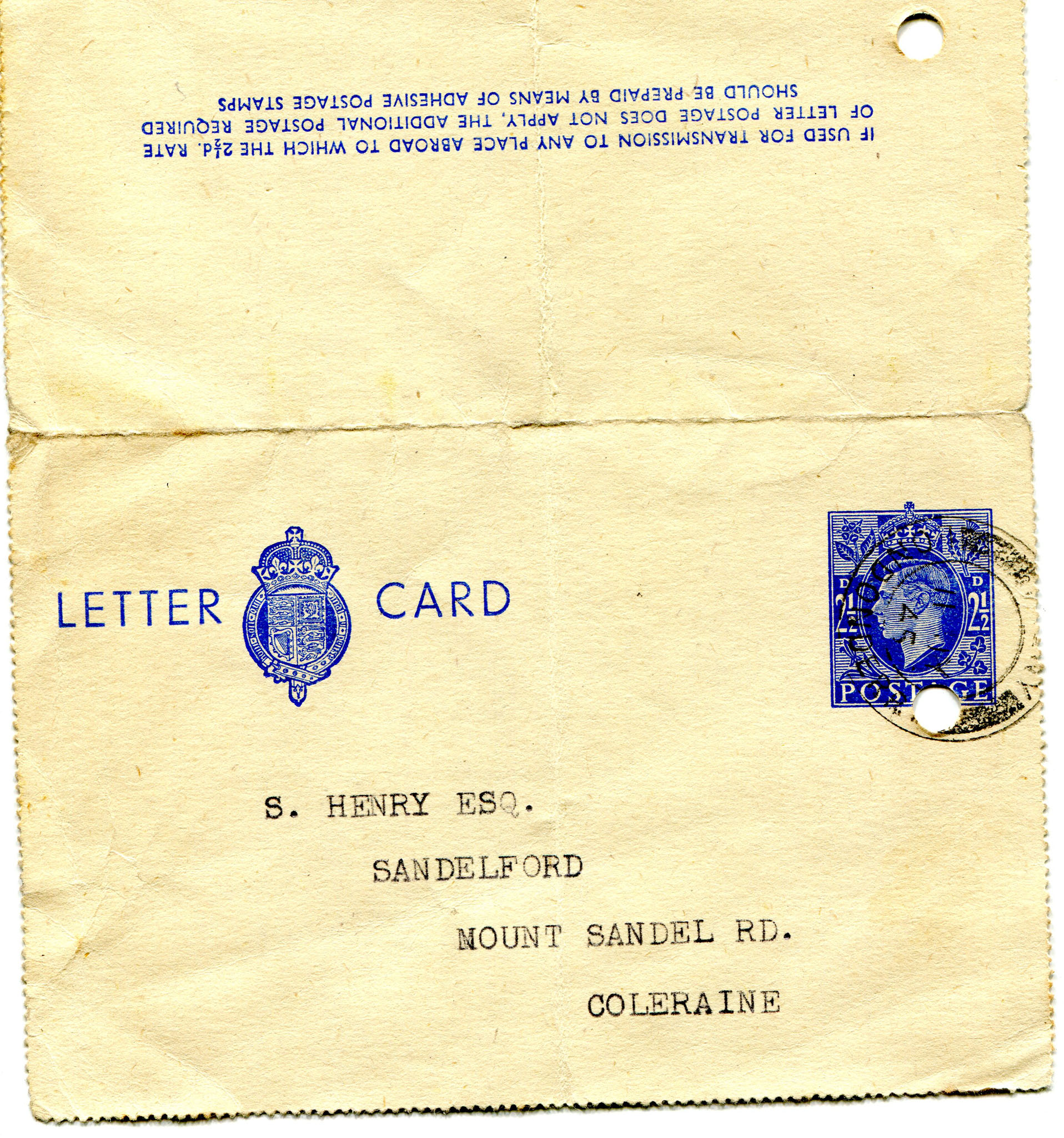 Typed and handwritten letter card to Mr Henry. Blue 2 1/2d postage